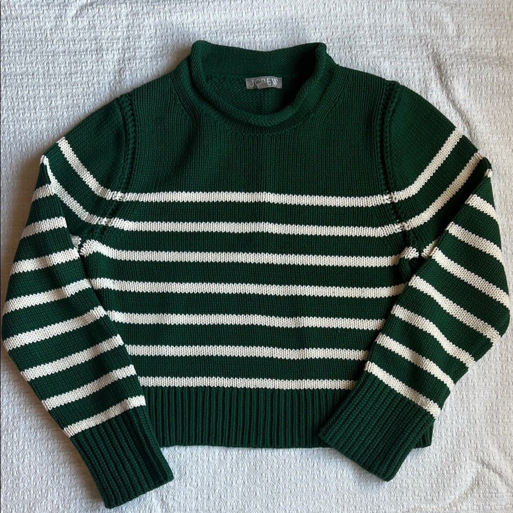 J. Crew Forest Green and Cream Striped Cotton Rollneck Sweater